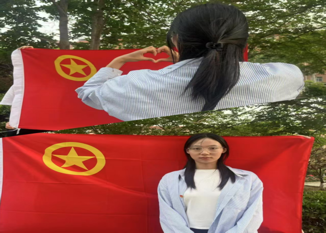 “青春心向团,筑梦新时代”与团旗团徽合影